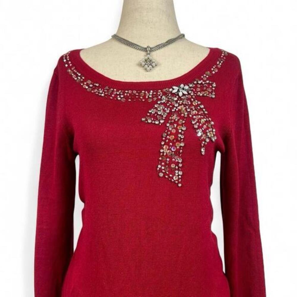 Roz & Ali Women’s Holiday Sweater SP Red‎ Sequin Rhinestone Bow Xmas Y2K